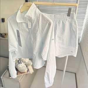 ALO Yoga White Lightweight Track Jacket and Shorts Set